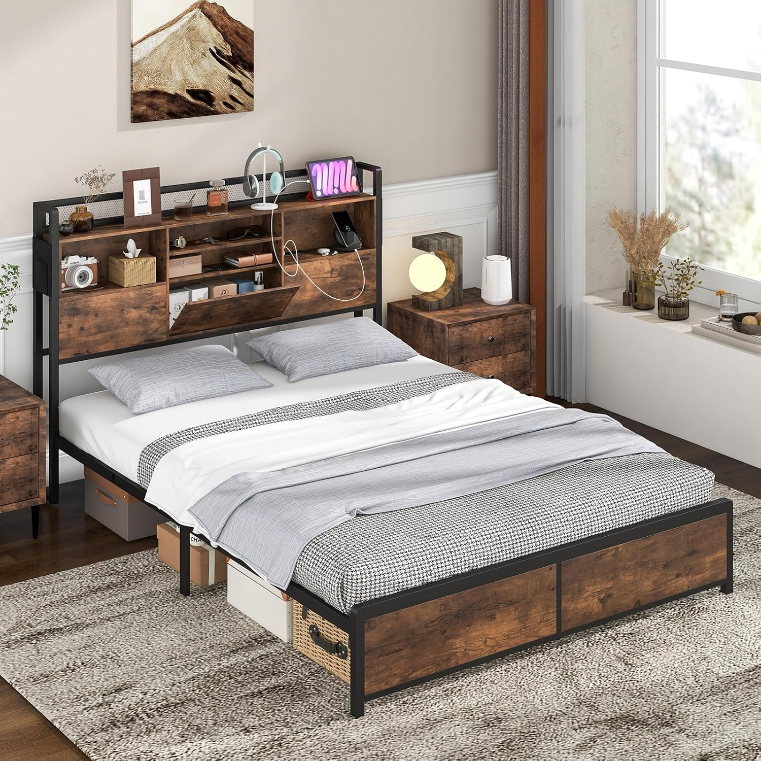 KOMFOTT Queen Size Industrial Metal Bed Frame with Storage Headboard & Charging Station, Platform Bed Frame with Metal Slats, No Box Spring Needed, Noise Free Design, Easy Assembly (Queen)