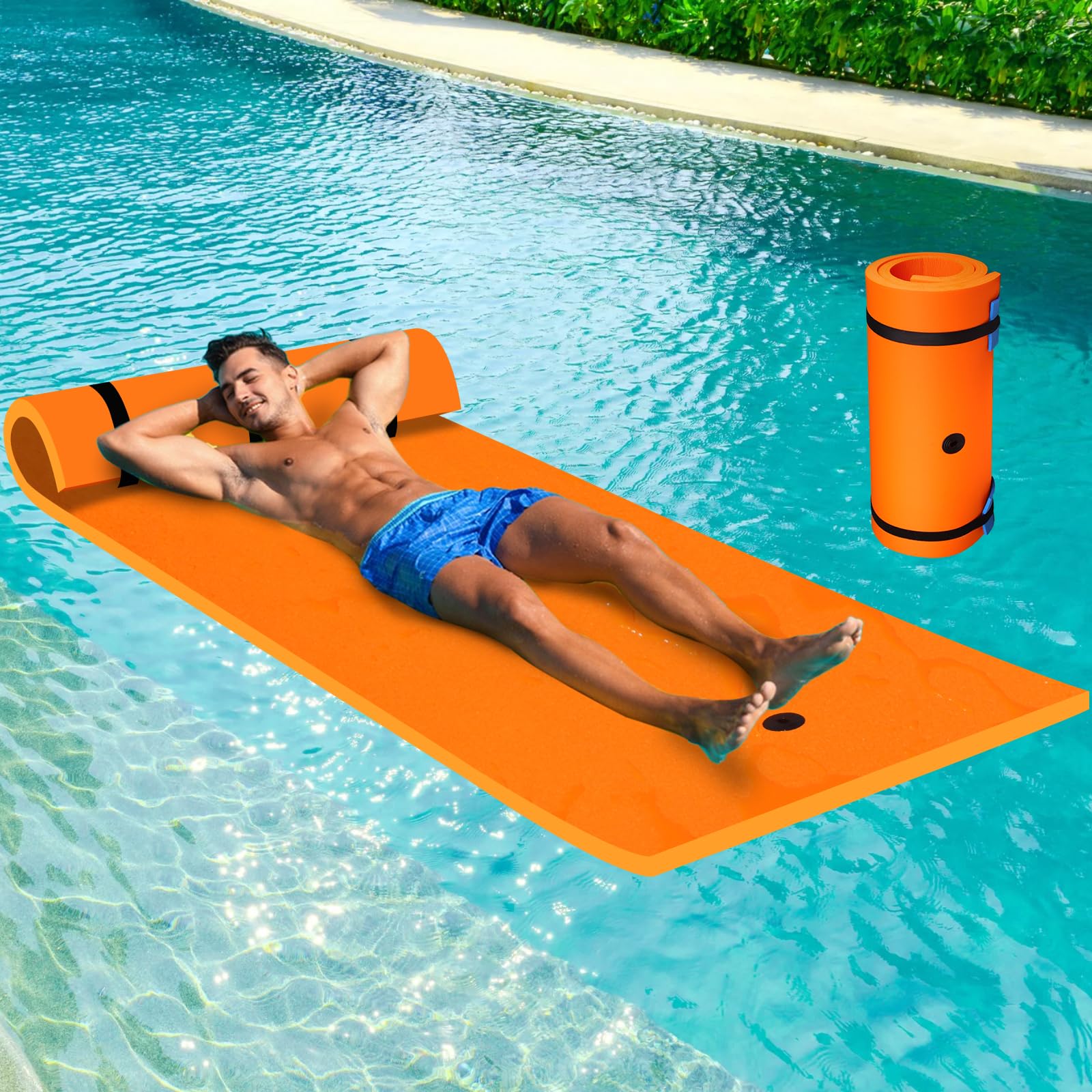 210 x 90 cm Materassino Galleggiante Mare - Tappetino Galleggiante in Schiuma XPE con Design Cuscino, Tappetino Galleggiante Avvolgibile Fino a 100 KG Gonfiabile Piscina per Laghi, Piscine