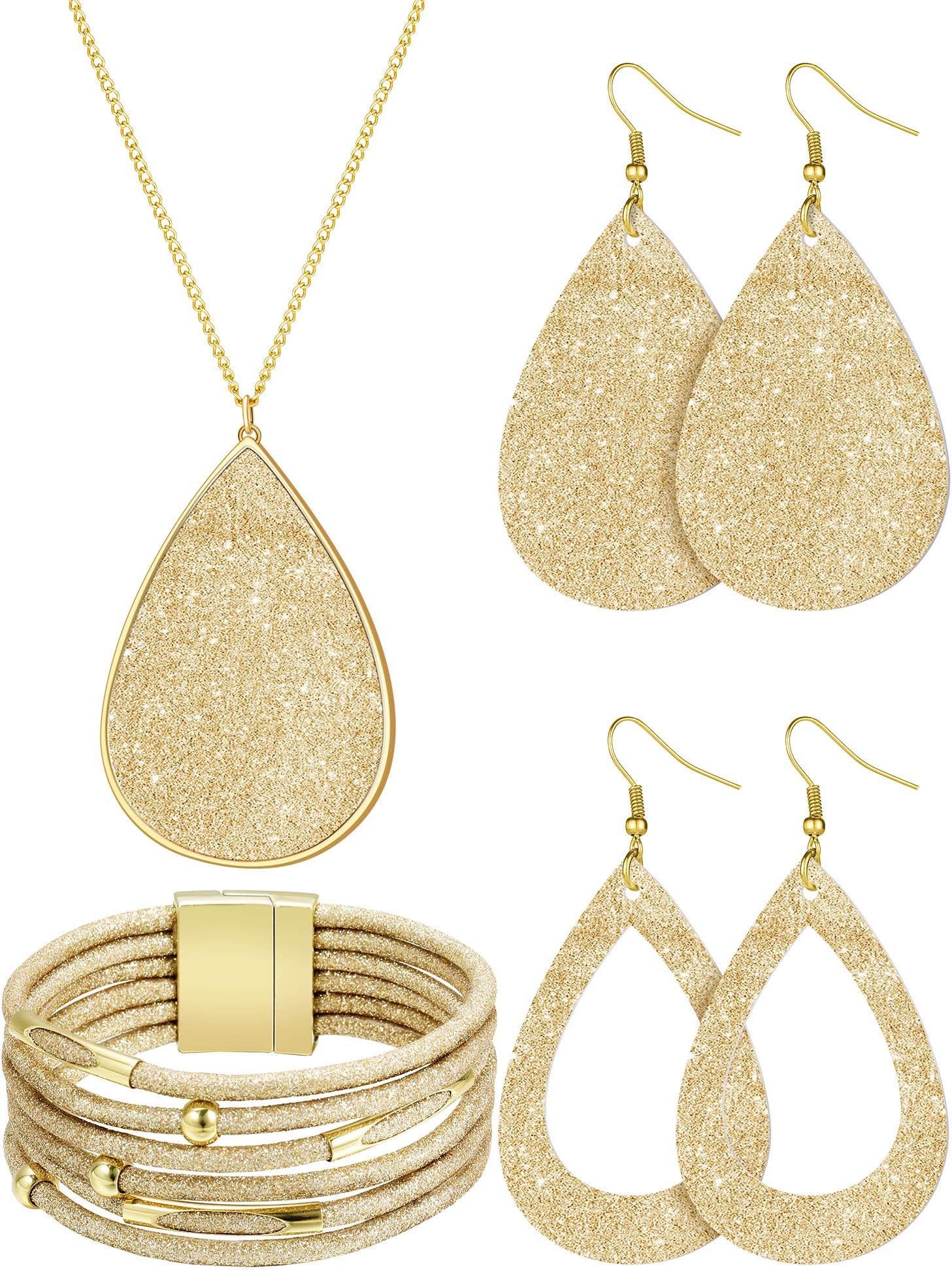 HicarerHicarer 4 Pieces Women's Glitter Jewelry Set Bridal Wedding Multi-Layer Bracelet Faux Leather Dangle Earrings Necklace