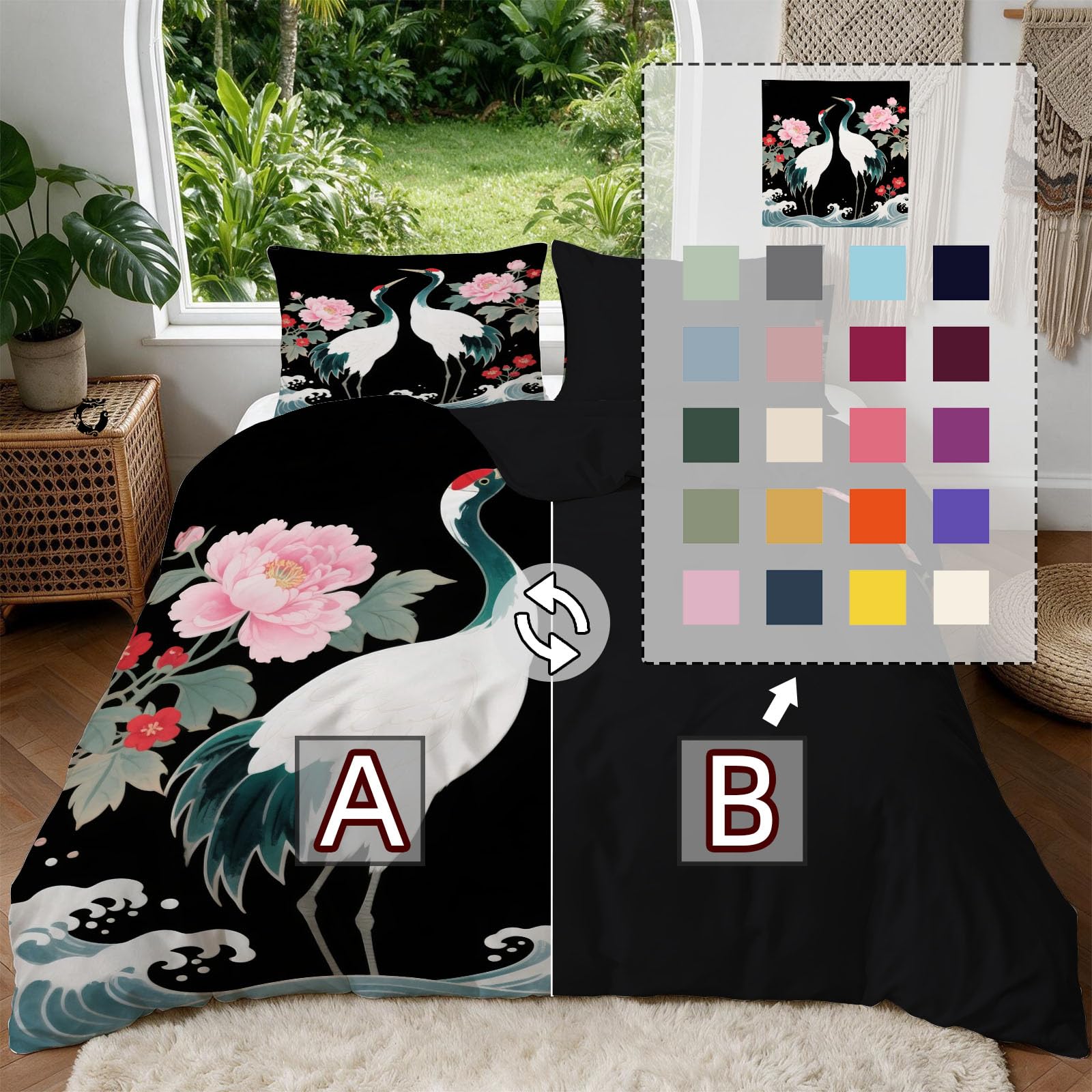 Bettwäsche 155x220 Kranich & Pfingstrose, Winter Weiche Mikrofaser 3D Schick Wendebettwäsche Set, Bettzeug mit 2 Kissenbezug, Bettwäsche Set Für Erwachsene
