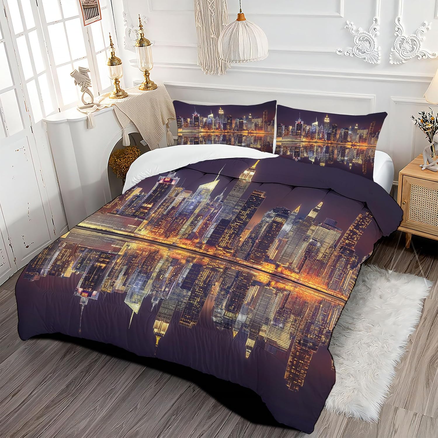 3D New York Architecture Comforter Set Queen Size Bedding Set New York City Night Scene All Season Down Comforter Printed Quilted with 2 Pillow Shams for Kids, Teens, Adults 90 x 90in Purple