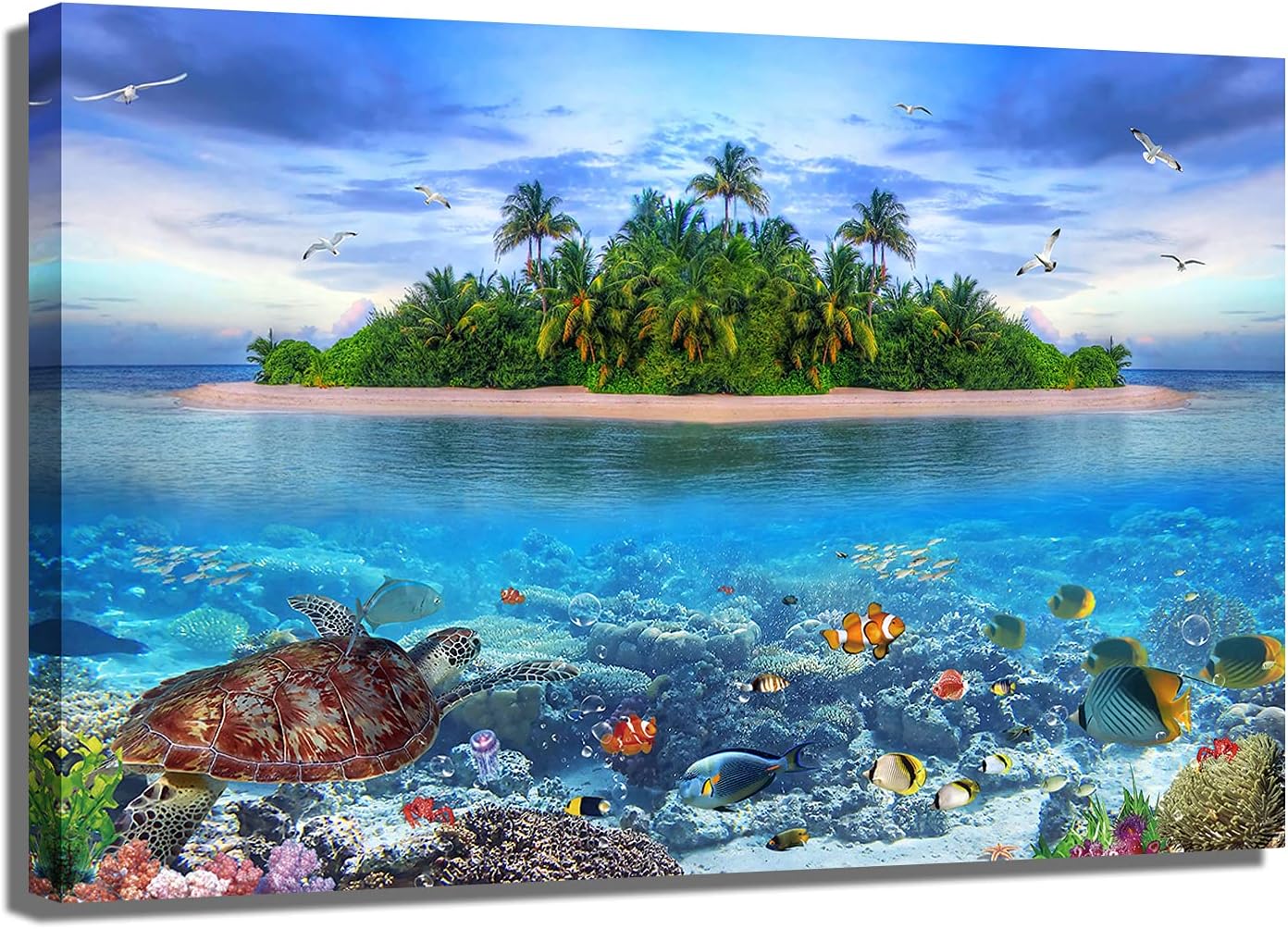 Aijuyuan.Li Canvas Wall Art- Coral and Fish Modern Home Decor Ocean Theme and Land Scenery Sea Fish and sea Turtles Undersea World Canvas PrintsStretched and Suspension The Bathroom Wall Decor