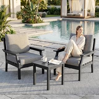 3 Piece Patio Furniture Set Small Outdoor Sofa & Side Table Black | Compact HDPE patio set includes 2 chairs and side table, ideal for balconies, porches and small outdoor spaces.