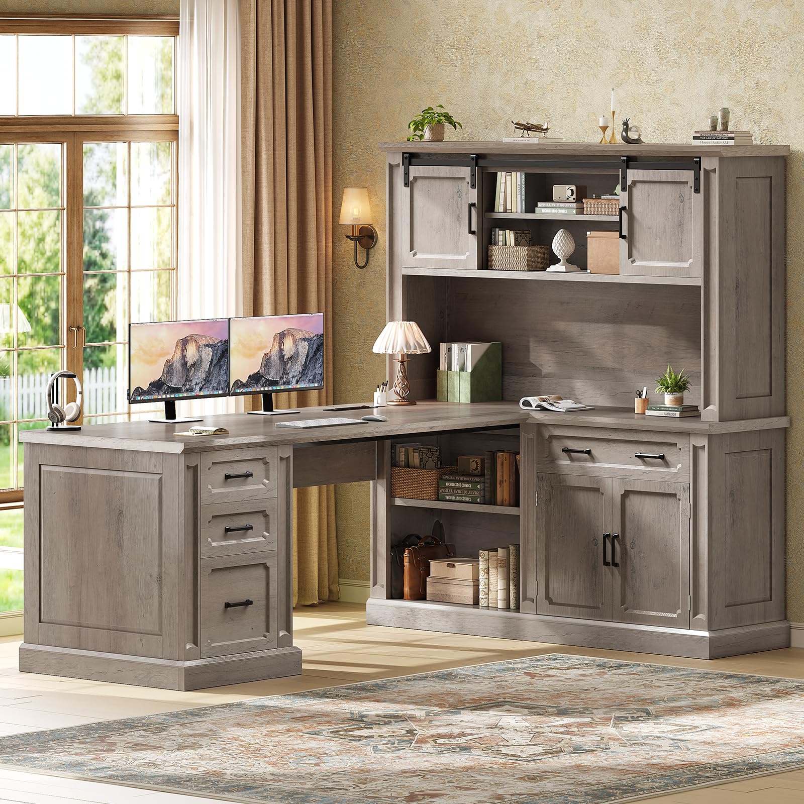 SEDETA 67" Farmhouse Executive L Shaped Desk with Hutch &amp; Storage