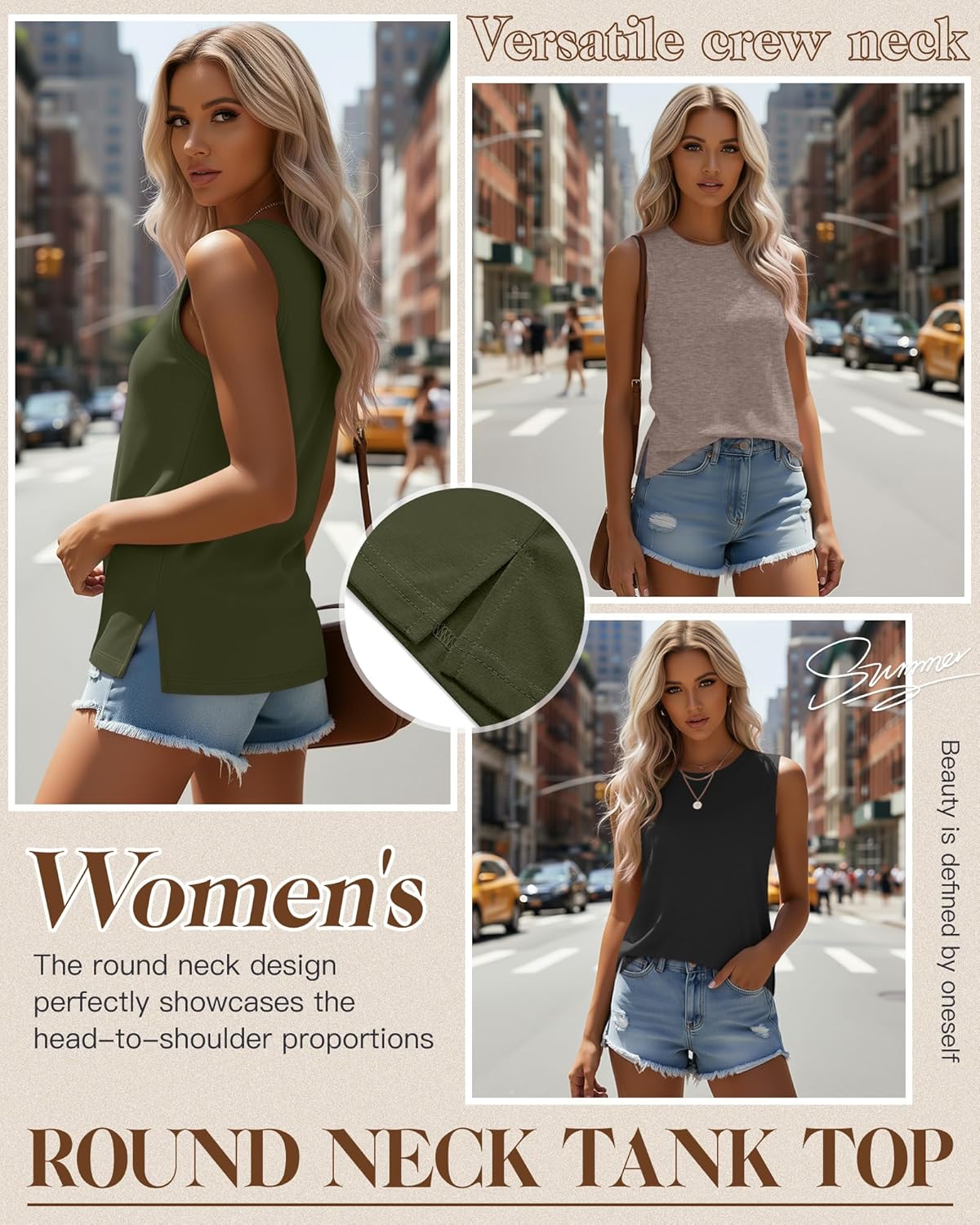 Ficerd 4 Pack Women's Sleeveless Tops, Casual Summer Loose Fit T Shirts Solid Color Tunic Tank Tops Ladies' Crew Neck - Image 3