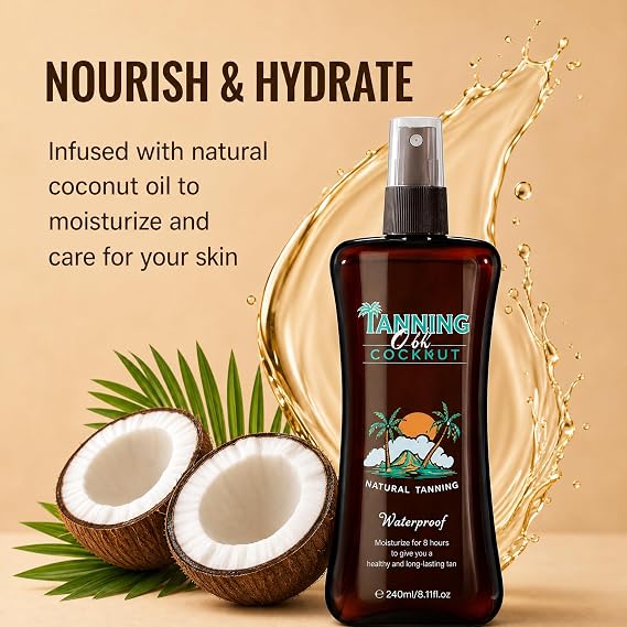 Tanning Oil, Sun Tanning Oil Spray with Bronzer for Women Men Body Skin, Coconut Tanner Spray Hydrating Lightweight Non Sticky Fast Absorbing Formula for Outdoor Sun Beach Pool Vacation, 8.11 Fl Oz