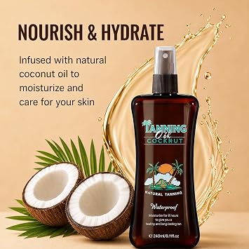 Tanning Oil, Sun Tanning Oil Spray with Bronzer for Women Men Body Skin, Coconut Tanner Spray Hydrating Lightweight Non Sticky Fast Absorbing Formula for Outdoor Sun Beach Pool Vacation, 8.11 Fl Oz