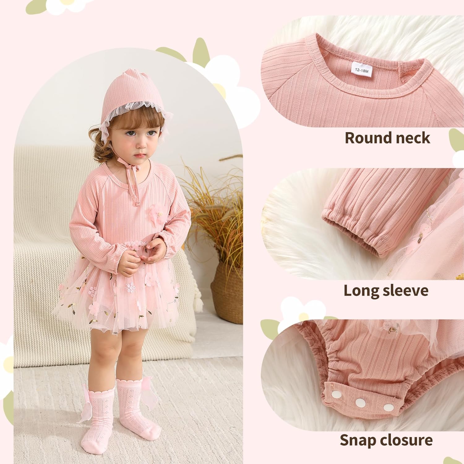 YOUNGER TREE Newborn Baby Girl Romper Dress Outfits Long Sleeve Floral Tutu Bodysuit with Leggings Hat Infant Fall Clothes - Image 2