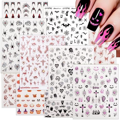 10 Sheets Halloween Nail Art Stickers 3D Self-Adhesive Shell Shine Nail Decals Cross Pegatinas para Uñas Pink Skull Charming Pumpkin Spider Web Blood Nail Design for Women Nail Decorations