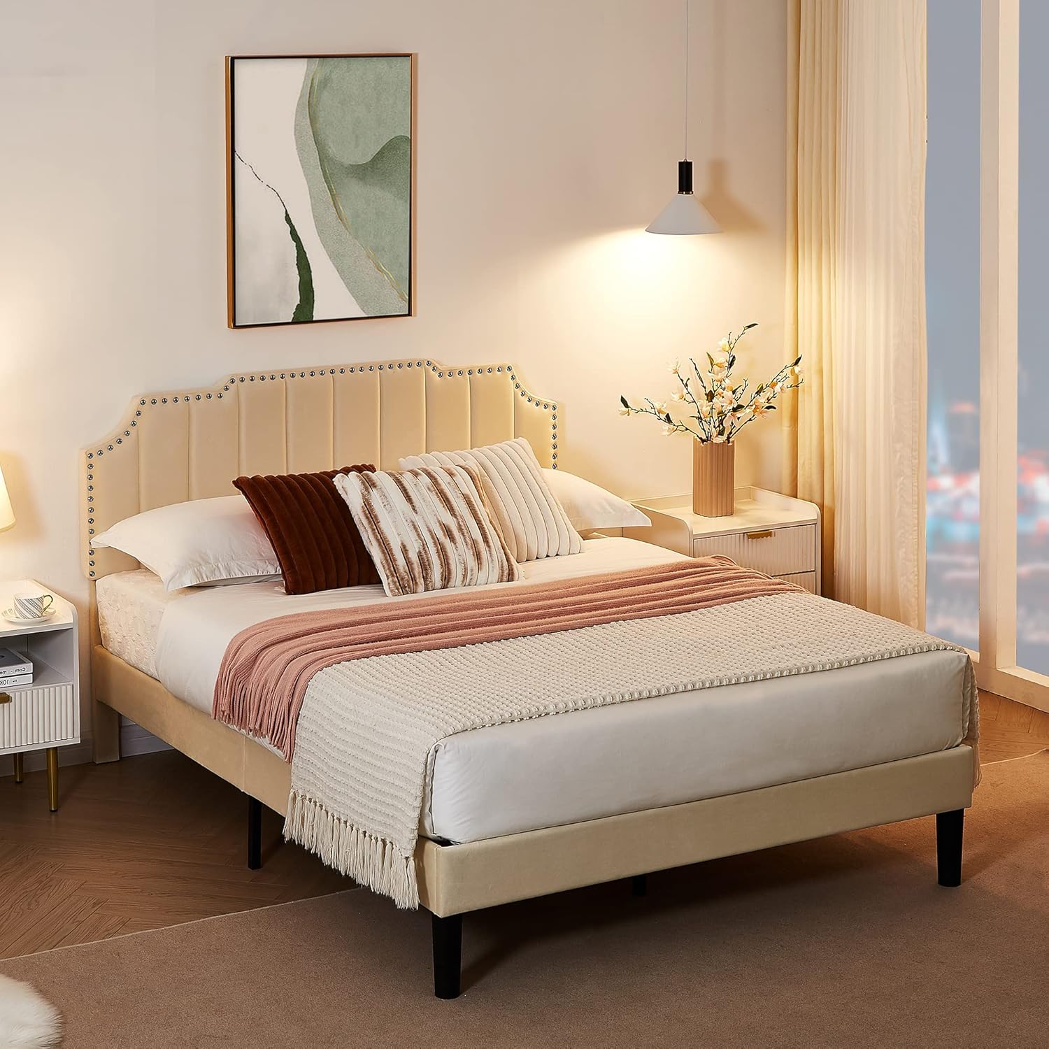 VECELO Full Upholstered Platform Bed Frame with Tufted Adjustable Headboard/Mattress Foundation/Wood Slat Support,Easy Assembly,Beige