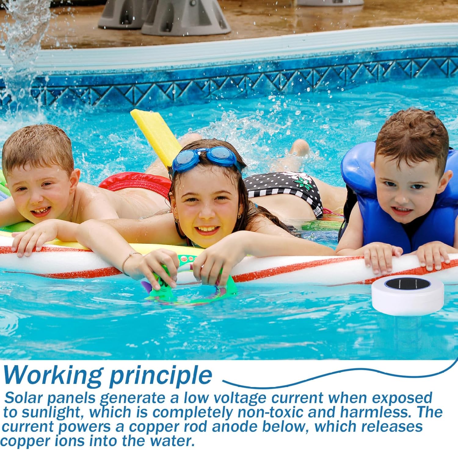 Solar Pool Ionizer, Copper Pool Ionizer, Large Capacity Floatron Pool Ionizer with A Brush, Solar Panel Cleaner Reduces Chlorine for Swimming Areas