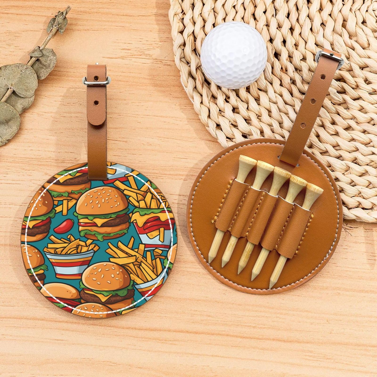 cute burger fries Brown Printed golf tee storage bag - portable design, easy to organize tee