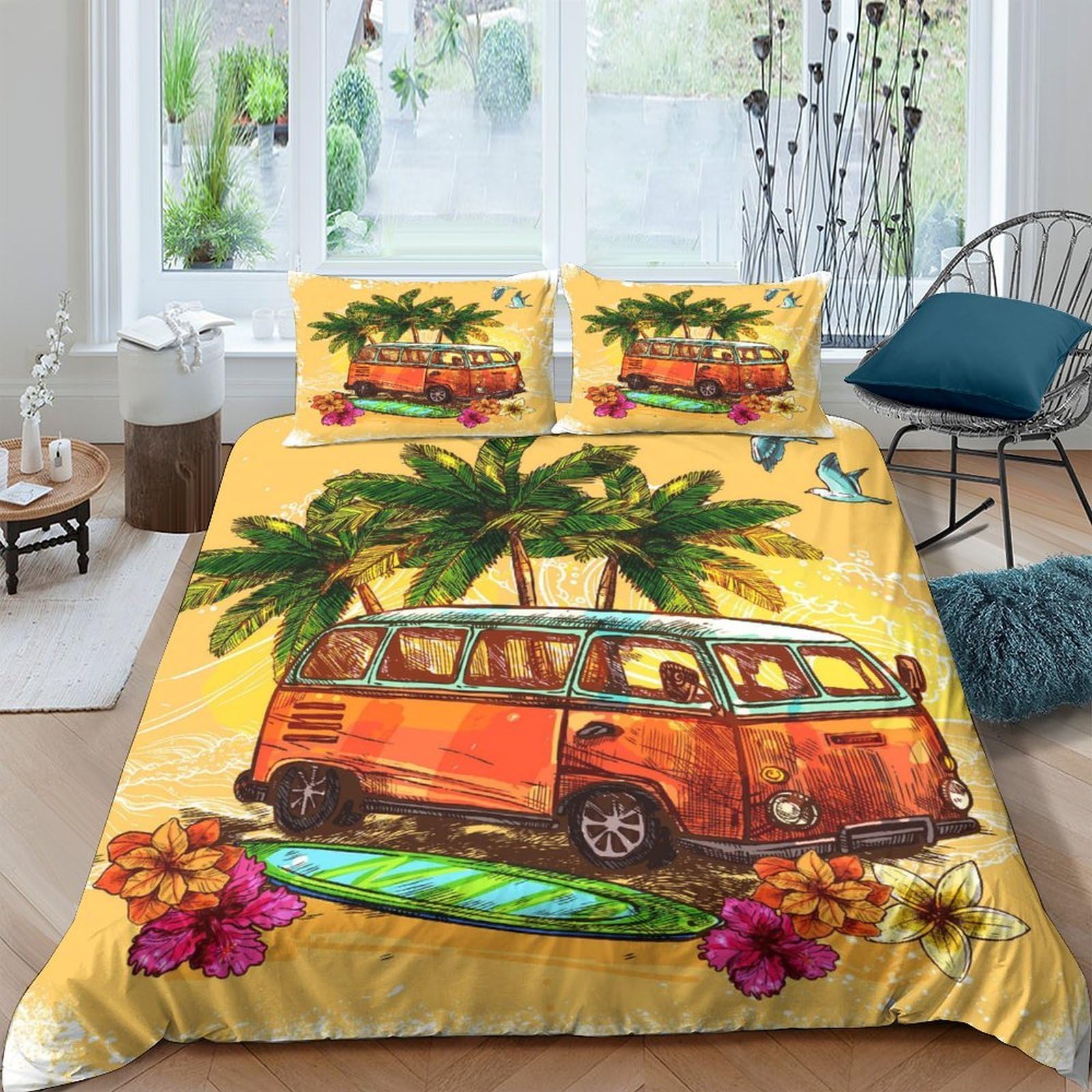 Ctjqhvkz Style-7 3D Printed Orange Camper Van Fitted Sheet Microfiber Soft Breathable Palm Tree Bed Cover For Bedroom Dorm Decorative Use Single（135X200cm）
