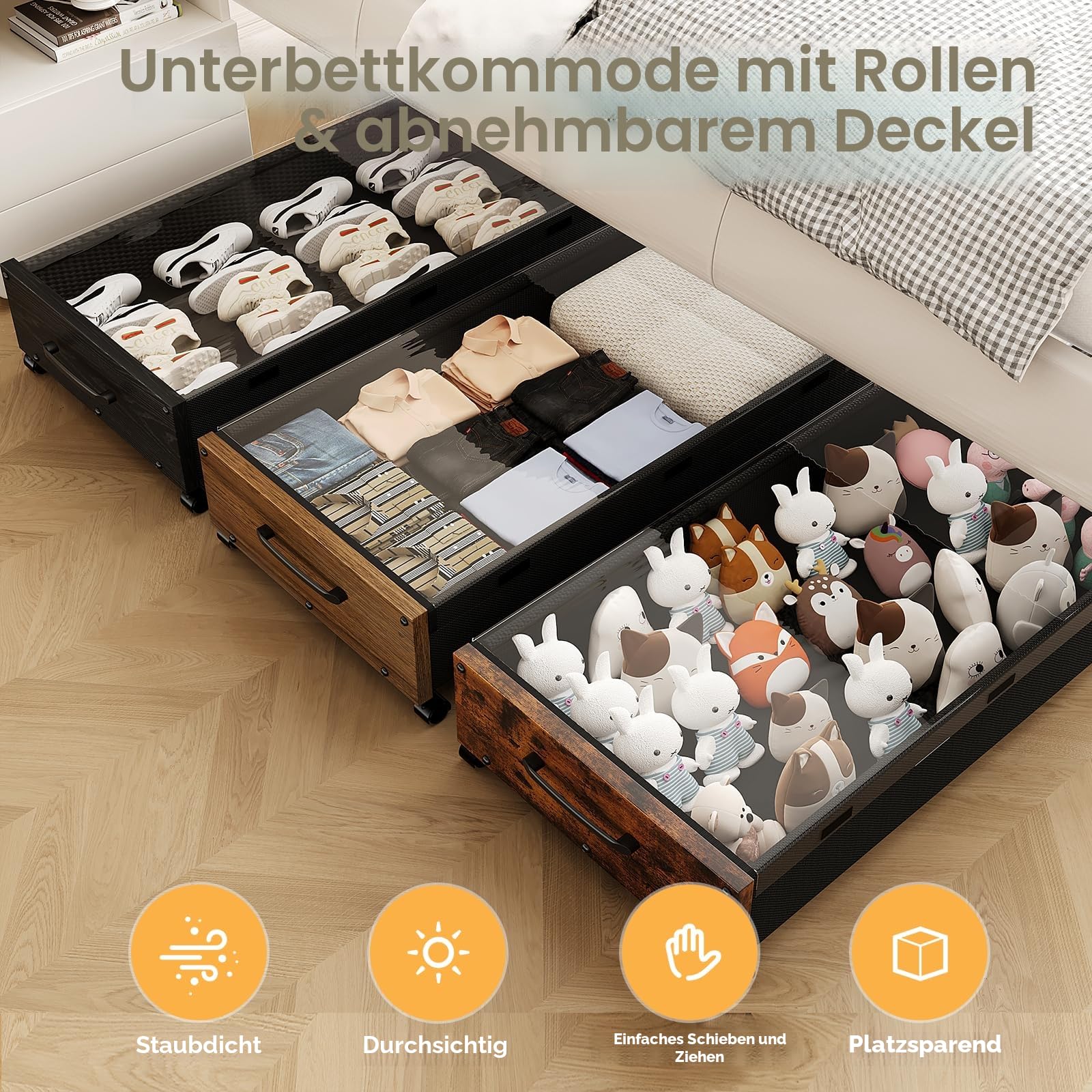 Holz-Bettkasten-Aufbewahrung mit Rädern, 80 L extra große Rollung unter dem Bett, 2er-Set mit abnehmbarem Deckel, verbesserte Metall-Bettkasten-Aufbewahrung für Kleidung (Vintage Braun-2er-Set)