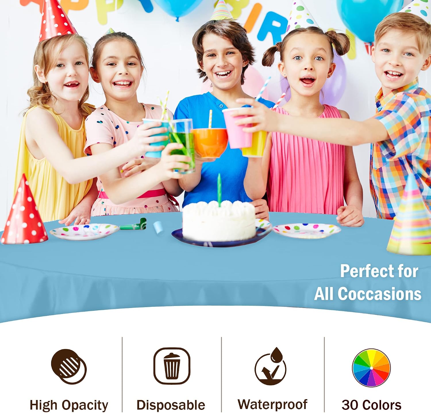 Exquisite Party Solids 6-Pack Premium Plastic Tablecloth 84in. Round Plastic Table Cover - Sky Blue