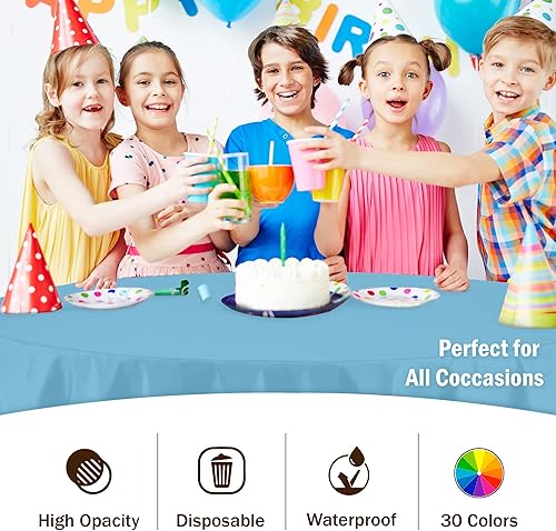 Miniatura 5 de Paquete de 6 manteles de plástico prémium de 84 pulgadas. Mantel redondo de plástico, color azul cielo