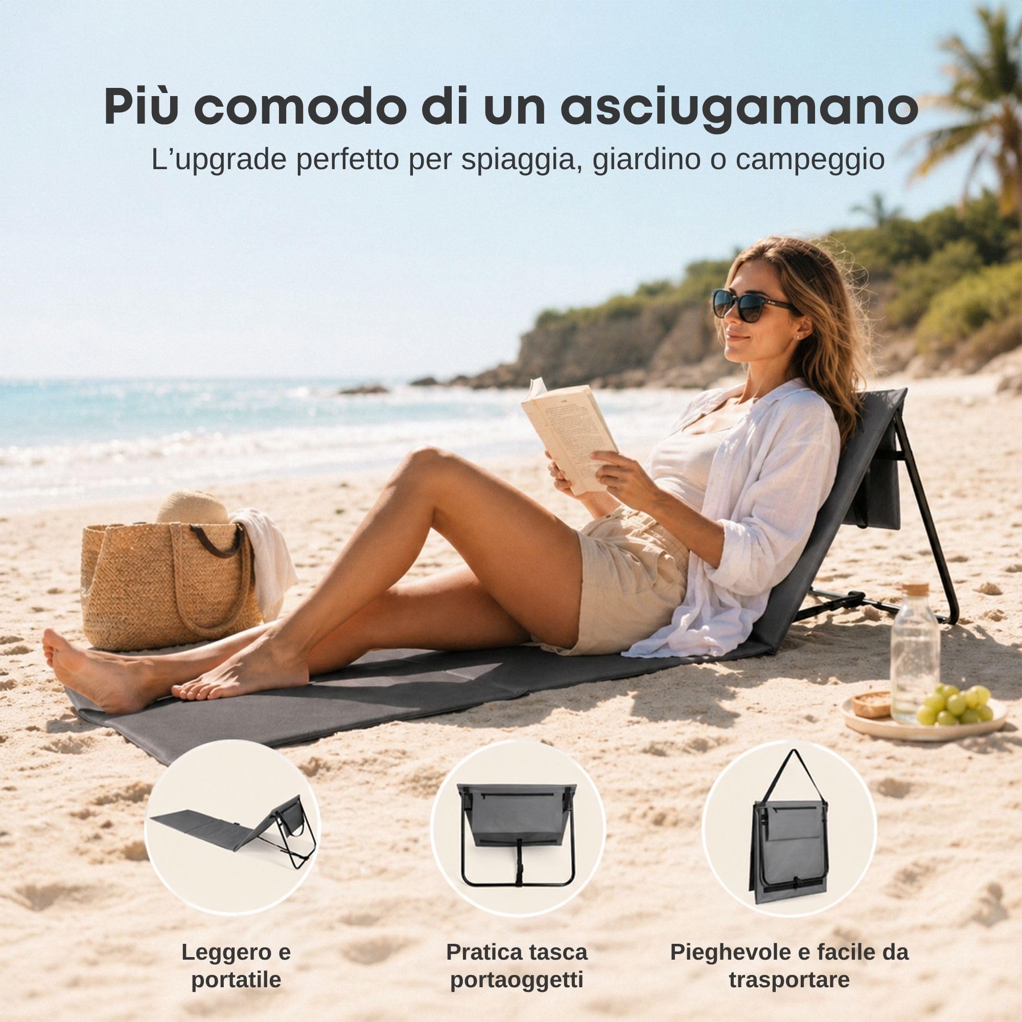 Set di 2 sedie da spiaggia pieghevoli con schienale regolabile, ultraleggeri e salvaspazio, grigio
