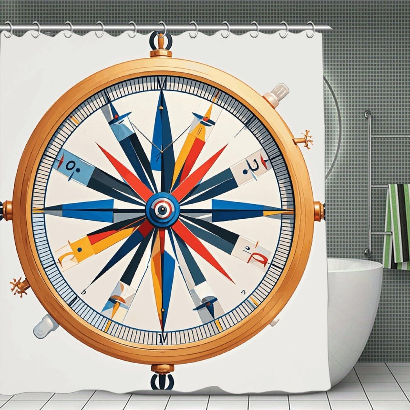 QMNLKH Maritime Sailboat Compass Shower Curtain with Hooks, Waterproof Bath Curtains for Bathroom, Lightweight Bath Curtains Liner for Hotel, Personalized Bath Curtain for Spa, 70.8 Inch