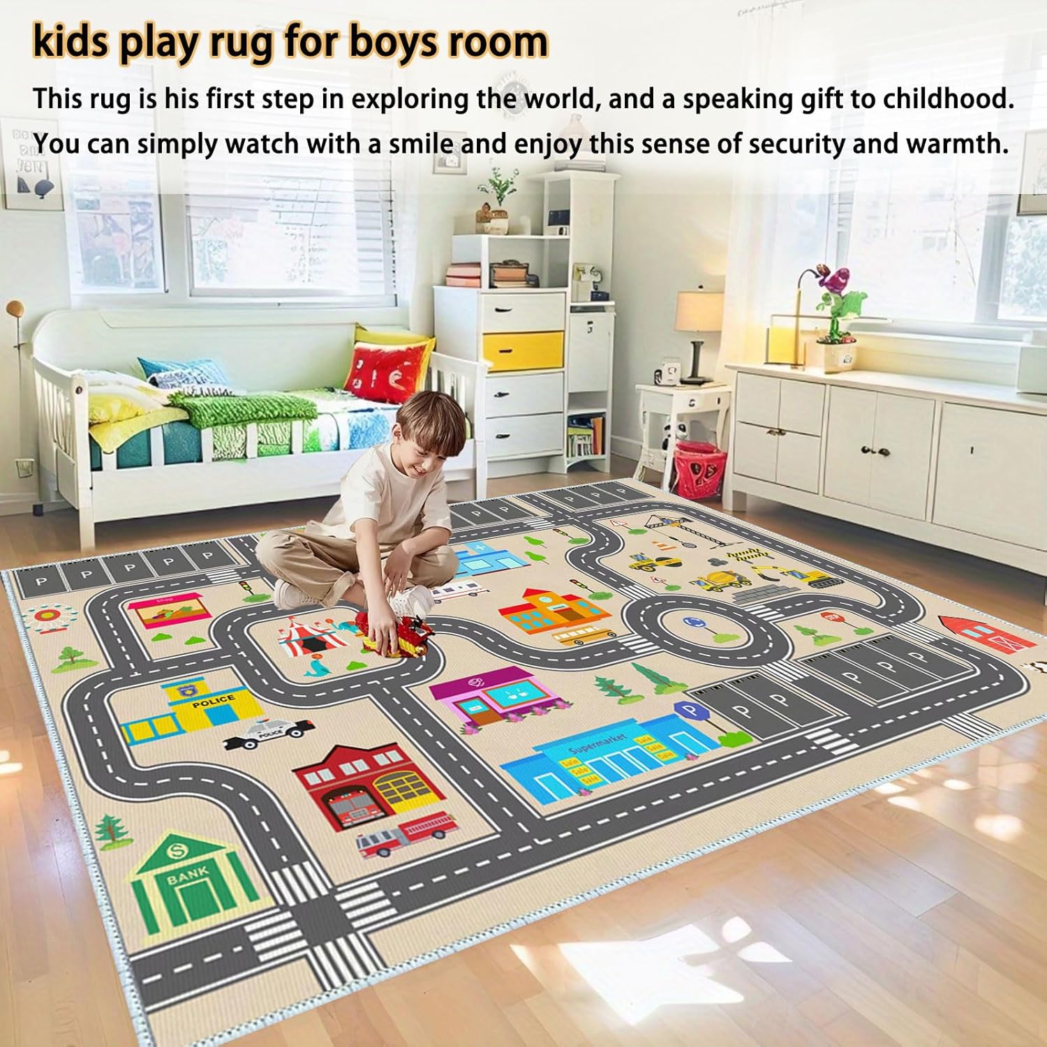 Kids Rug Play Mat for Toy Cars,City Life Road Traffic Educational Carpet,Have Fun Throw Rug,Non-Slip Nursery Rug for Boy and Girl Bedroom 80×160cm/31×63in