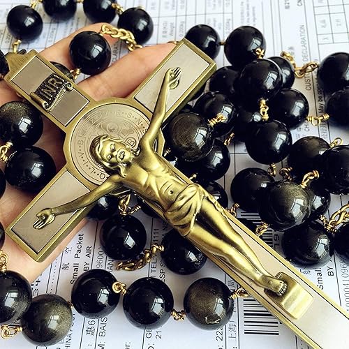 Miniatura 6 de elegantmedical Caja de regalo católica de cruz de rosario grande hecha a mano con cuentas de obsidiana de oro negro de 0.787 in, Obsidiana dorada