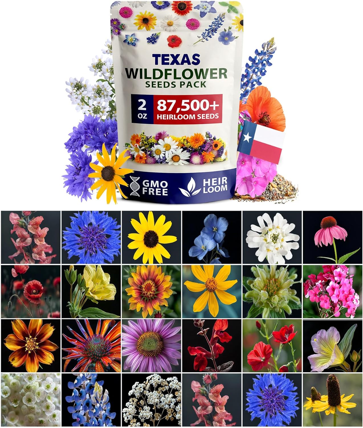 HOME GROWN Texas Wildflower Seeds 87,500+ Non-GMO Perennial Wildflower Seeds Mix for Attracting Bees, Birds & Butterflies – 22 Varieties Bulk Wild Flower Seed Mix for Full Sun & Shade Gardens (2 oz)