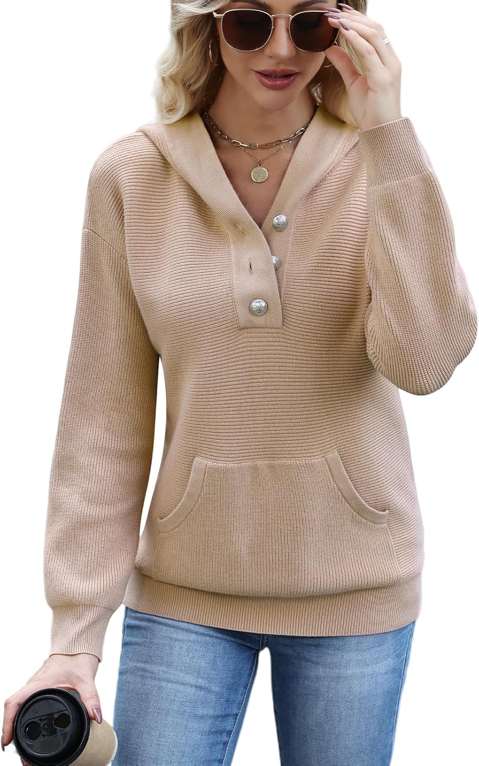 Women Hoodies Sweaters Oversized V Neck Striped Knit Pullover Sweatshirts Hooded Button Long Sleeve Tops with Pocket