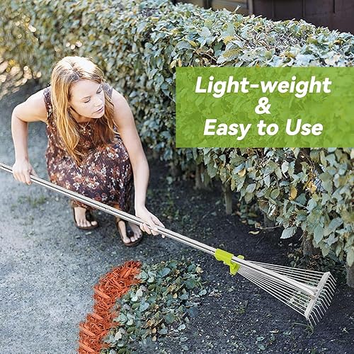 Miniatura 4 de Rastrillo de hojas de jardín, rastrillos de metal para césped resistente, rastrillo de hojas ajustable de 30 a 60 pulgadas para patio, campamento,