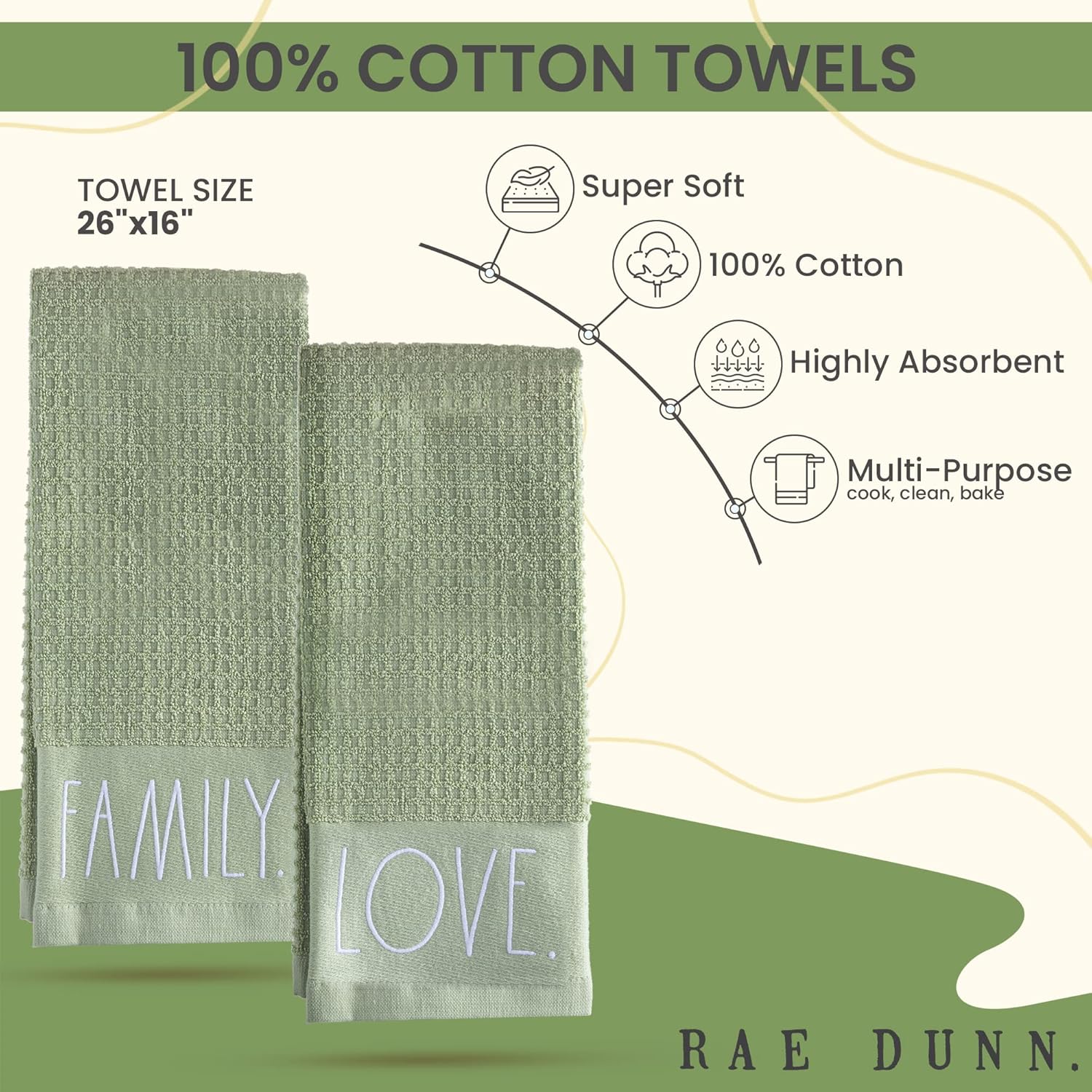Rae Dunn Set of Hand Towels for Kitchen and Bathroom, 100% Cotton, Embroidered Dish Towels, Decorative Hand Towels, Sage- Love/Family, 2 Pack - Image 4