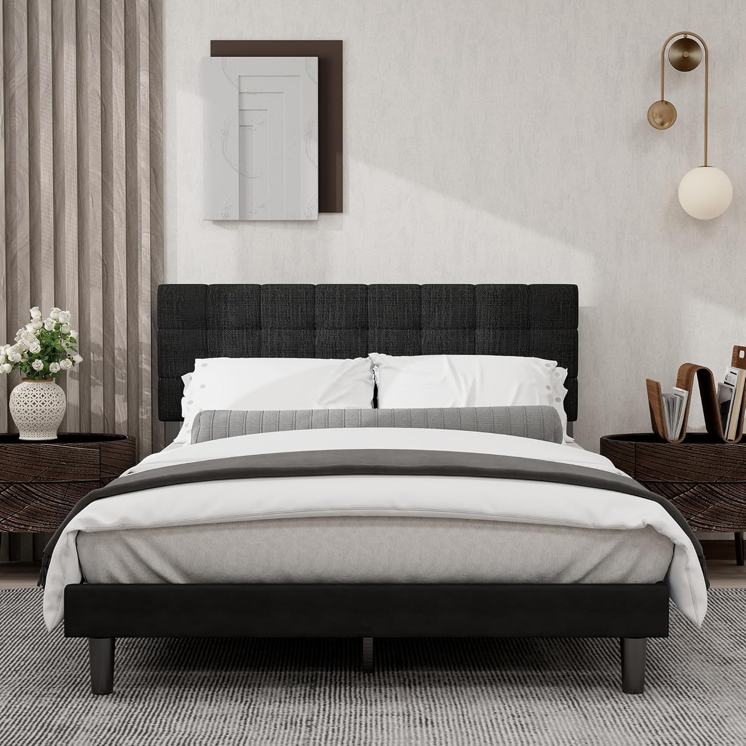Upholstered Queen Size Bed Frame Platform with Adjustable Headboard Wood Slats Support No Box Spring Needed Easy Assembly Linen Black