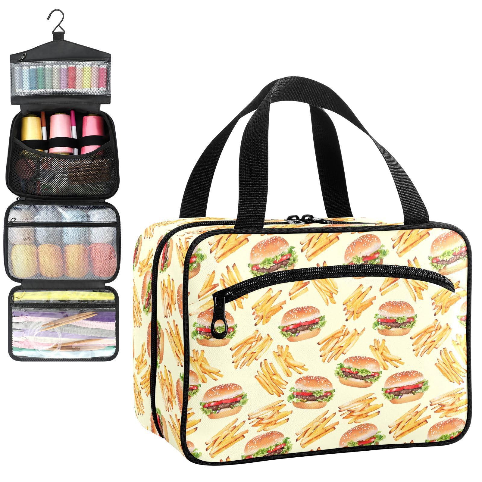 YNNALE Sewing Supply Organizer Bag, Delicious Hamburger Fries Pattern Yellow Portable Sewing Bags with Pockets&Hanger, Sewing Storage Box Case for Sew Supplies/Kit/Tools/Accessories (BAG ONLY)
