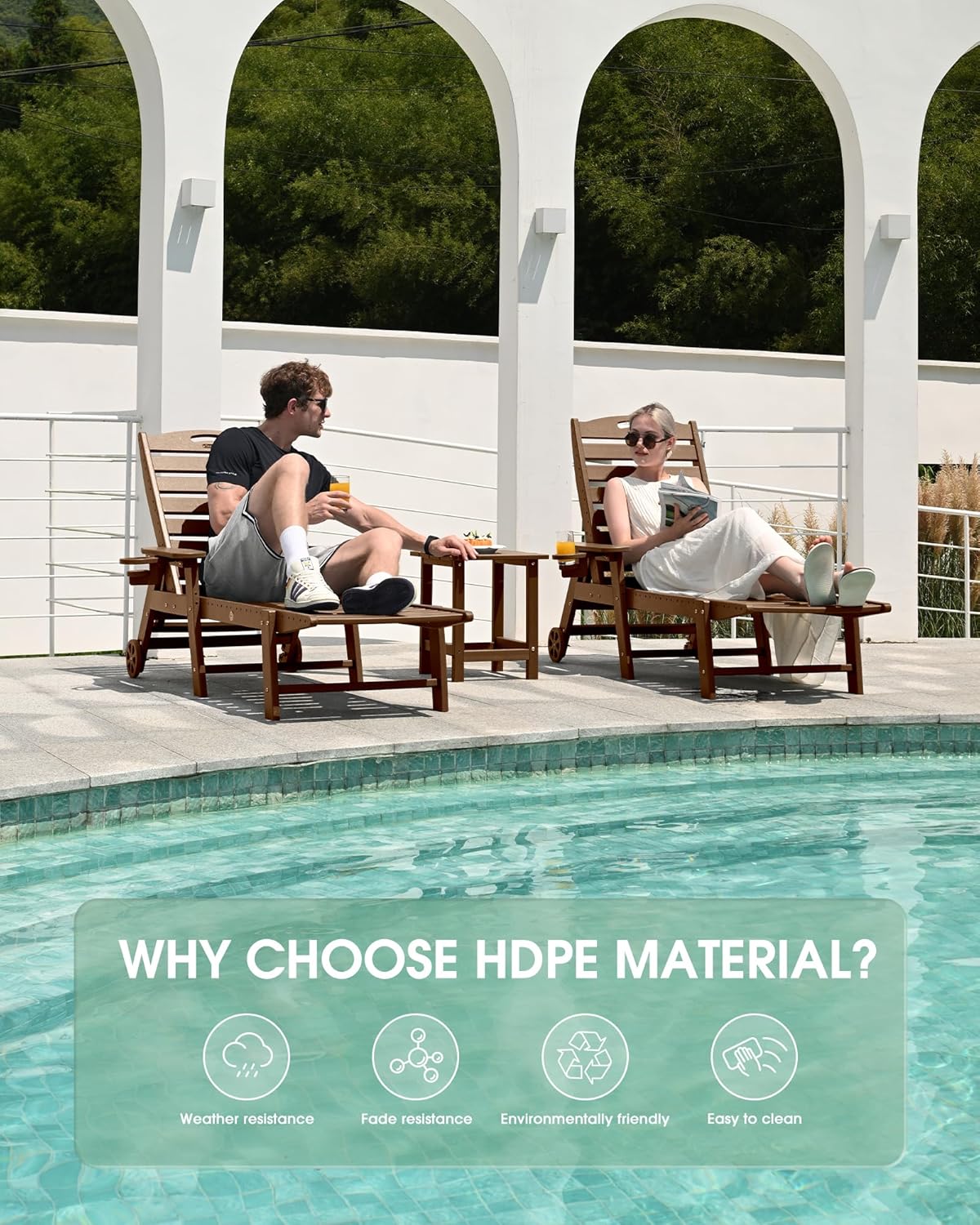 Chaise Lounge Outdoor, Lounge Chair Outdoor with Wood Texture, Adjustable 5-Position Backrest, HDPE Lounge Chair with Wheels & Cup Holder for Pool Deck Backyard, Teak