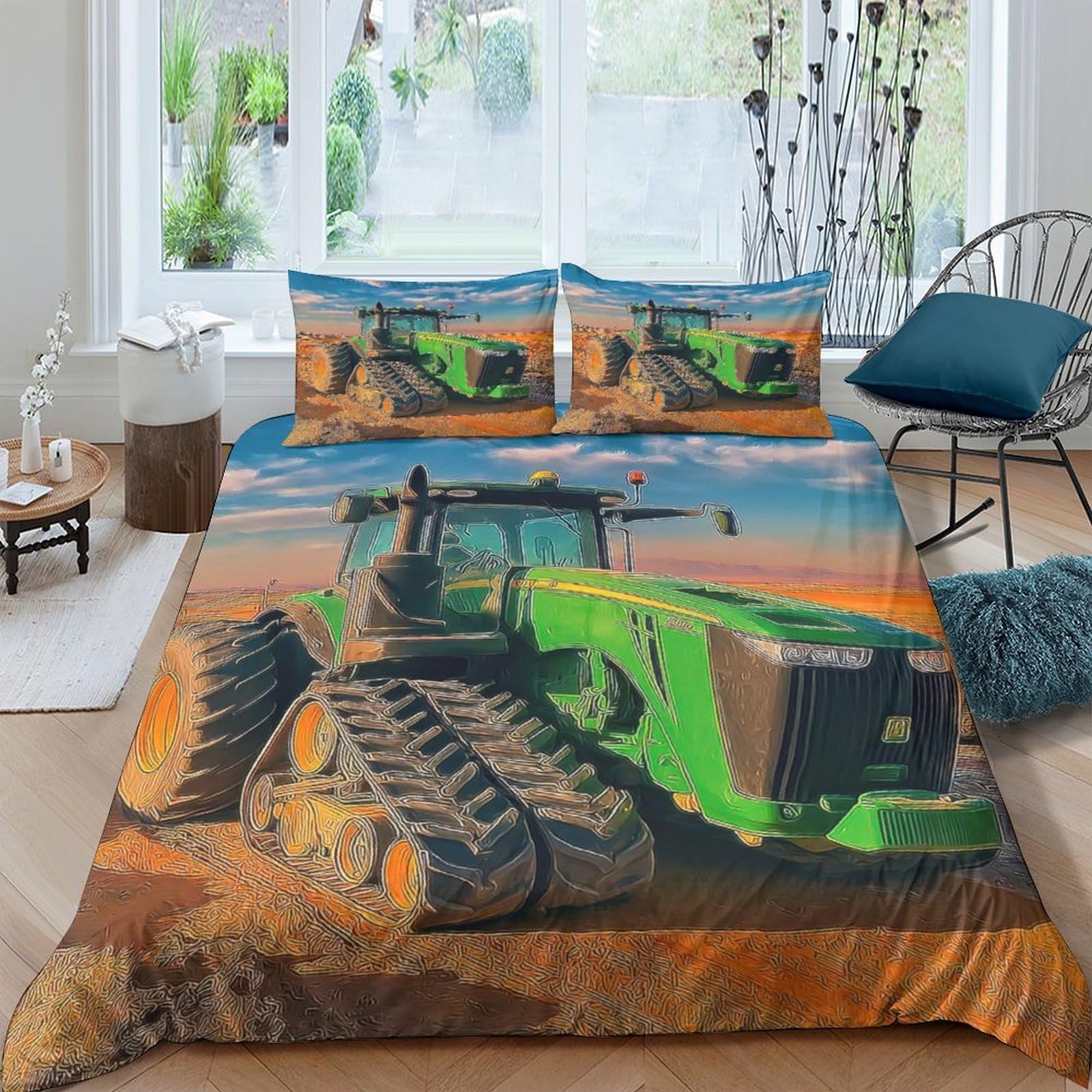 Ctjqhvkz Style-7 3D Printed Green Farm Tractor Fitted Sheet Microfiber Soft Durable Brown Field Bed Cover For Bedroom Guest Room Decor Single（135X200cm）