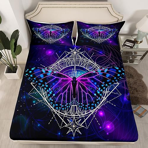Juego de ropa de cama con estampado de mariposas bohemias, tamaño individual, diseño de mandala, cielo estrellado, para niñas, adolescentes,