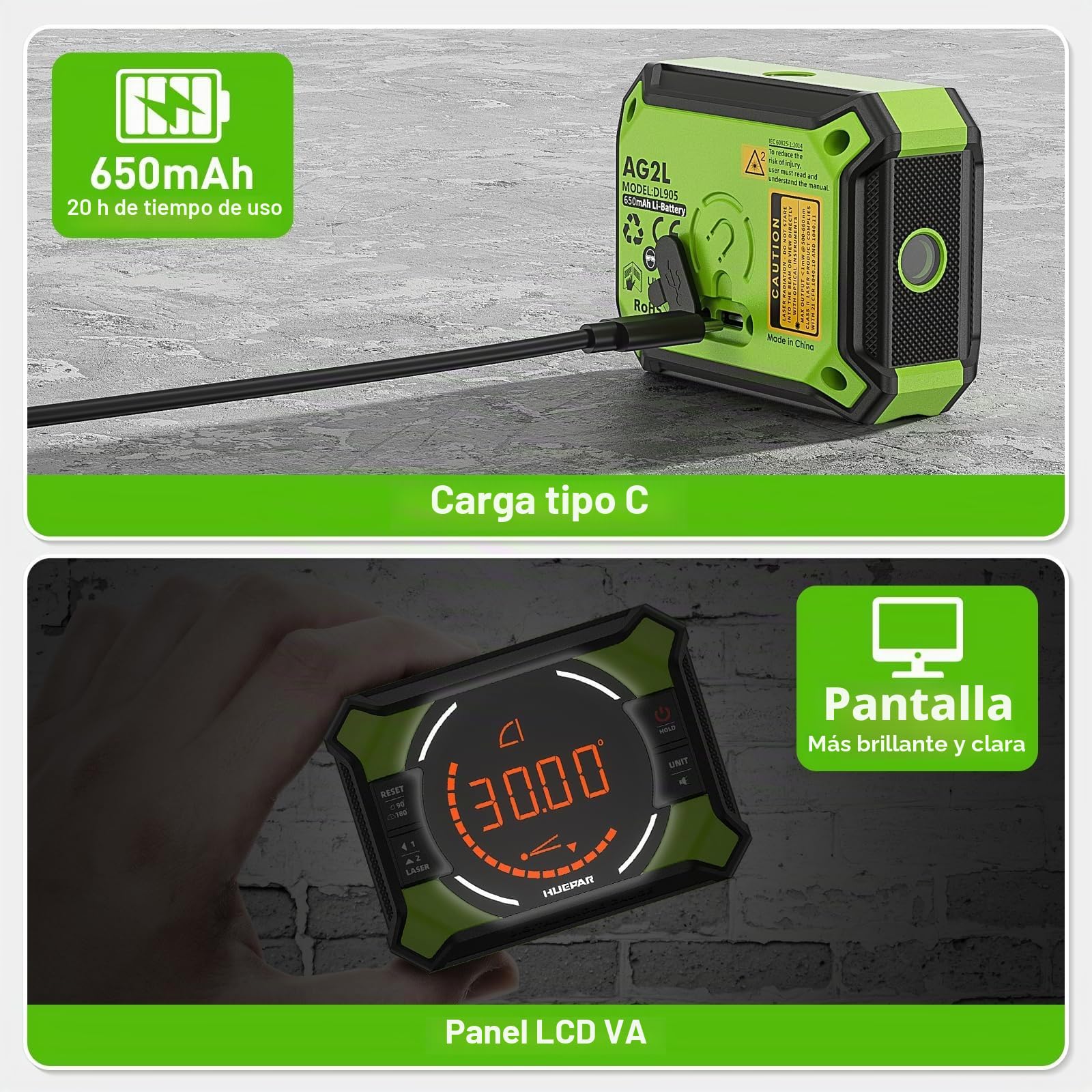 Huepar Inclinómetro Digital con Láser de Líneas Cruzadas, Pantalla LCD y Base Magnética – Ideal para Carpintería, Construcción y Bricolaje