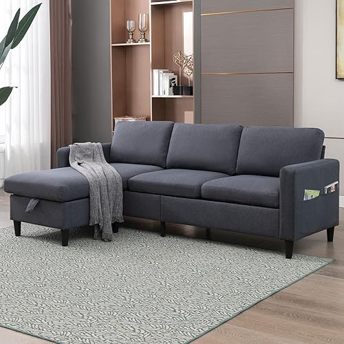 Mjkone 86" L-Shape Sectional Sofa Couch, Linen Convertible Sofa Chaise with Reversible Storage Ottoman, Large Modular Sofa with 2 Side Pockets for Living Room Apartment Studio - Dark Gray