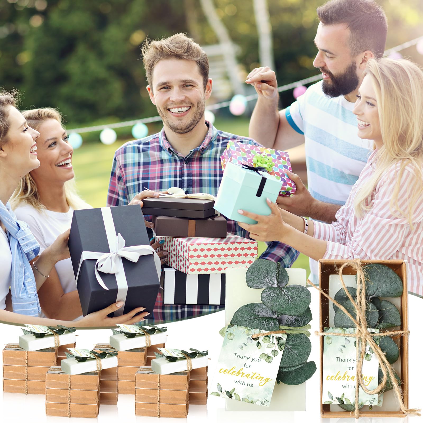 50 Sets Mini-Eukalyptus-Seifen, handgefertigte Seifen, Hochzeitsseife, Partygeschenke, Babyparty-Geschenke für Gäste, mit Dankeskarten, Box für Brautparty, Hochzeit