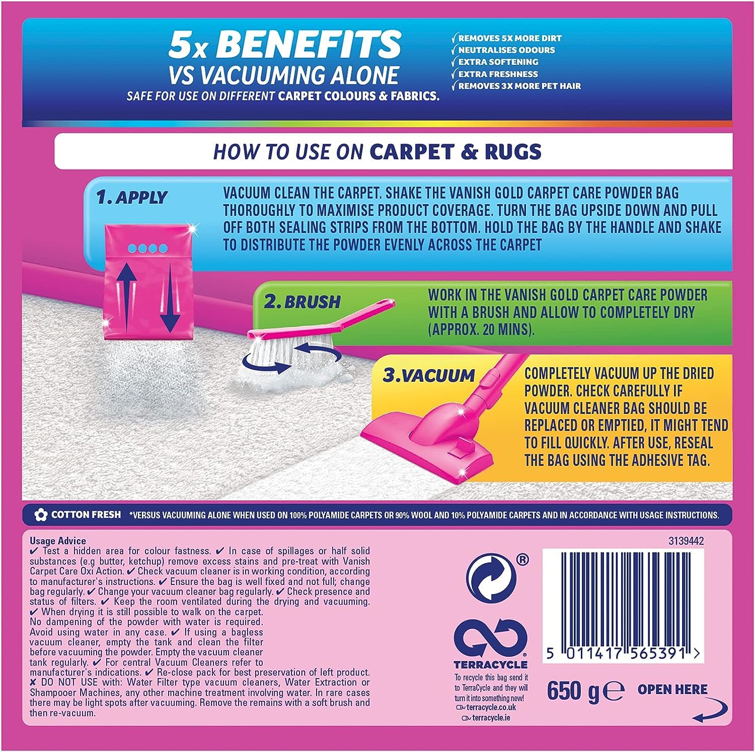 Vanish Carpet Cleaner + Upholstery, Gold Power Powder, Large Area Cleaning, 650 G