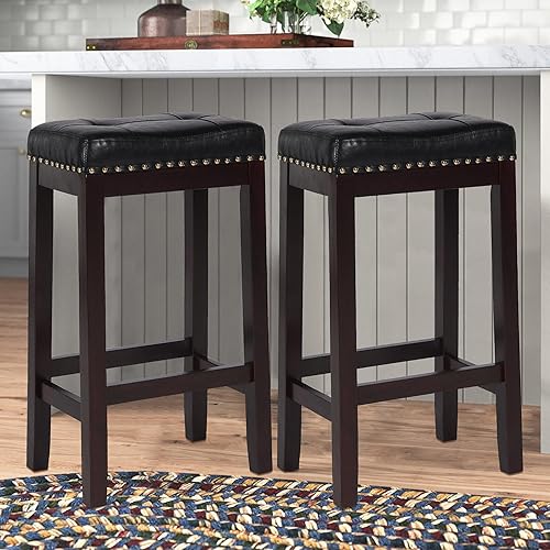 Backless Bar Stools Set of 2, 29 Inch Saddle Seat Bar Stools Counter Height with Footrest, PU Leather Kitchen Counter Stools Set of 2(Brown)