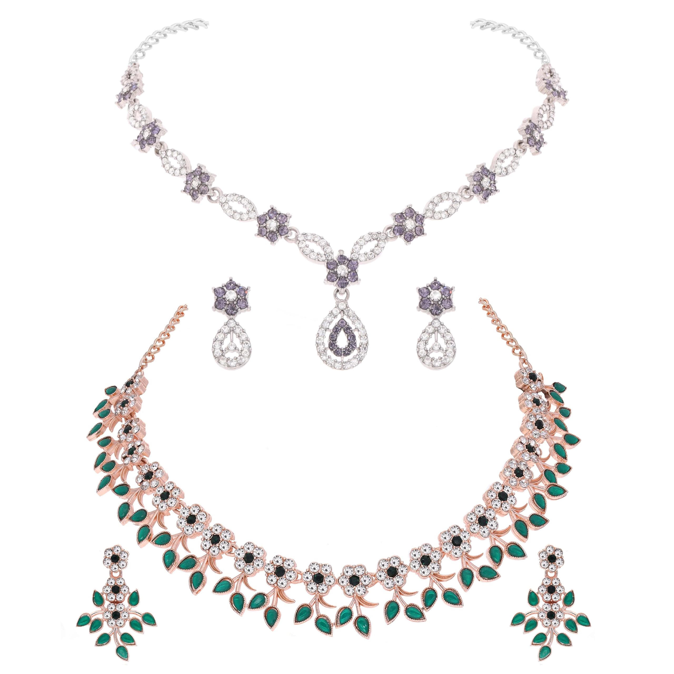 Brado Jewellery Rose Gold & Silver Plated Latest Stylish American Diamond (AD) Studded Choker Necklace Jewellery set for Women and Girls - Statement Jewelry (Green & Lavender) (B0D8F551NV) Amazon Price History, Amazon Price Tracker