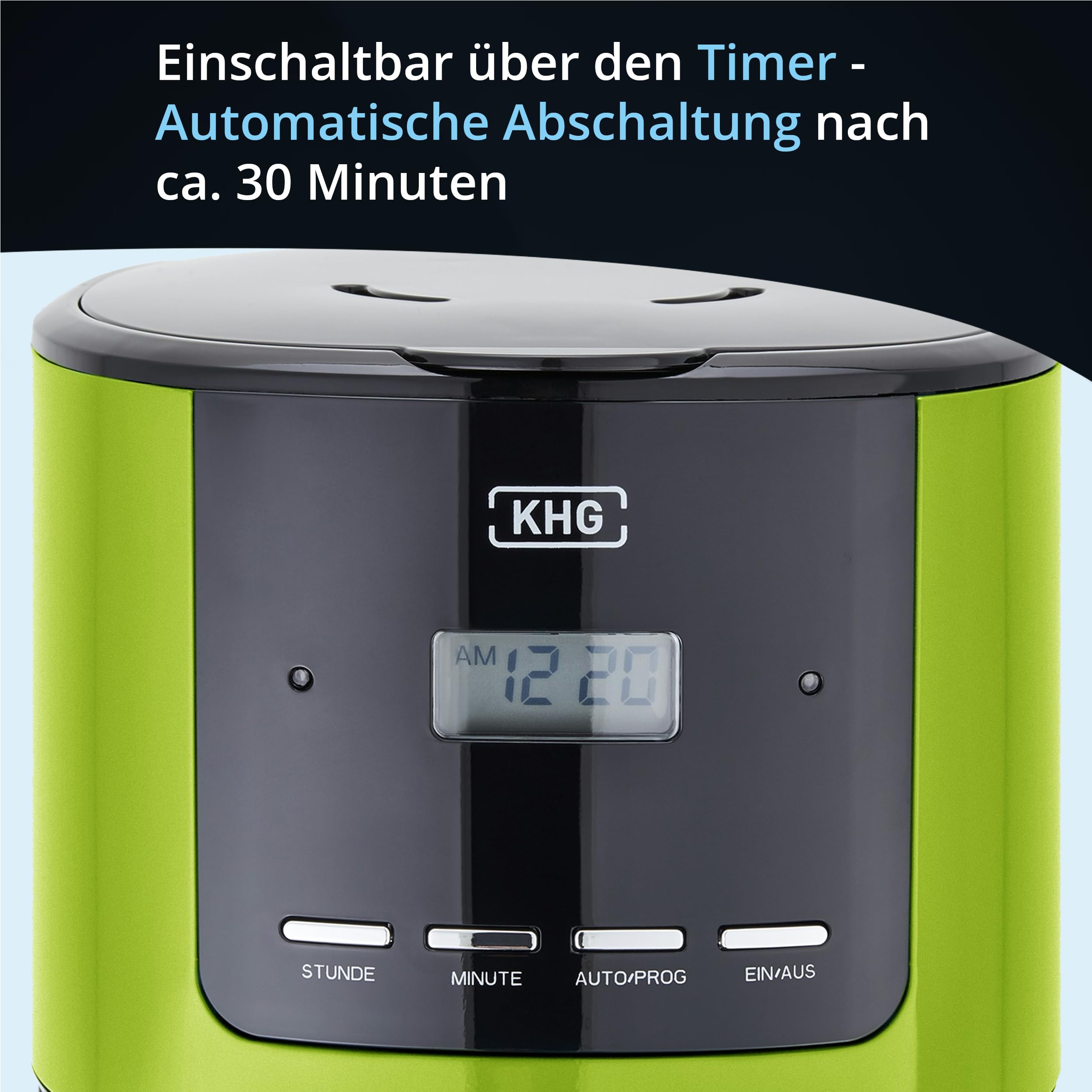KHG Kaffeemaschine KA-184 (L) in Grün, 12 Tassen, 1,5L, 900W, Abschaltautomatik, Permanentfilter, Glaskanne und Filterhalter spülmaschinengeeignet, Timer-Funktion, LCD-Display, Tropfstopp