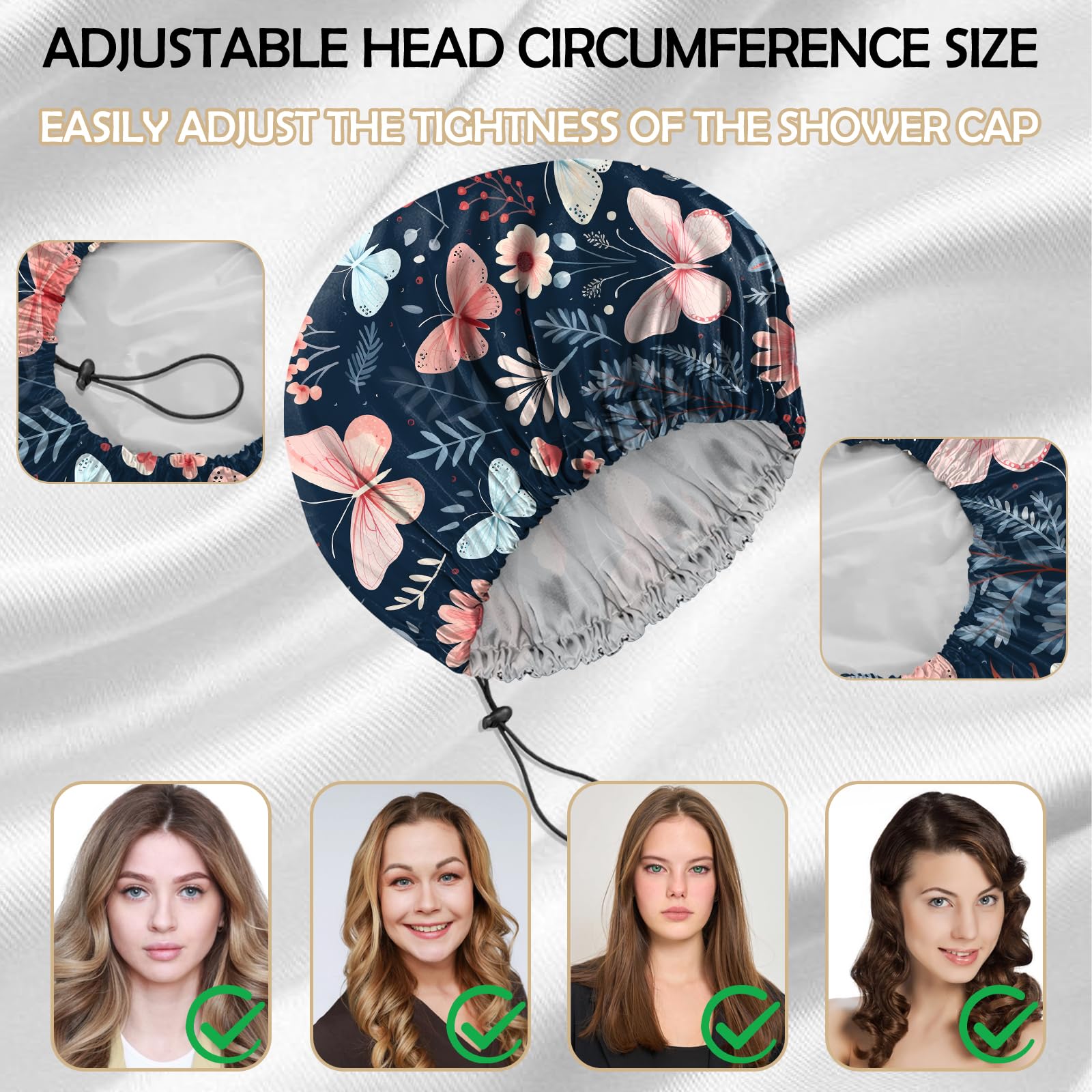 Deokke 2 PCS Shower Cap Reusable Large Waterproof Adjustable Double Layer Elastic Dry Hair Bathing Caps Aesthetic Cute for Women Girls (Q12-Butterfly) - Image 4