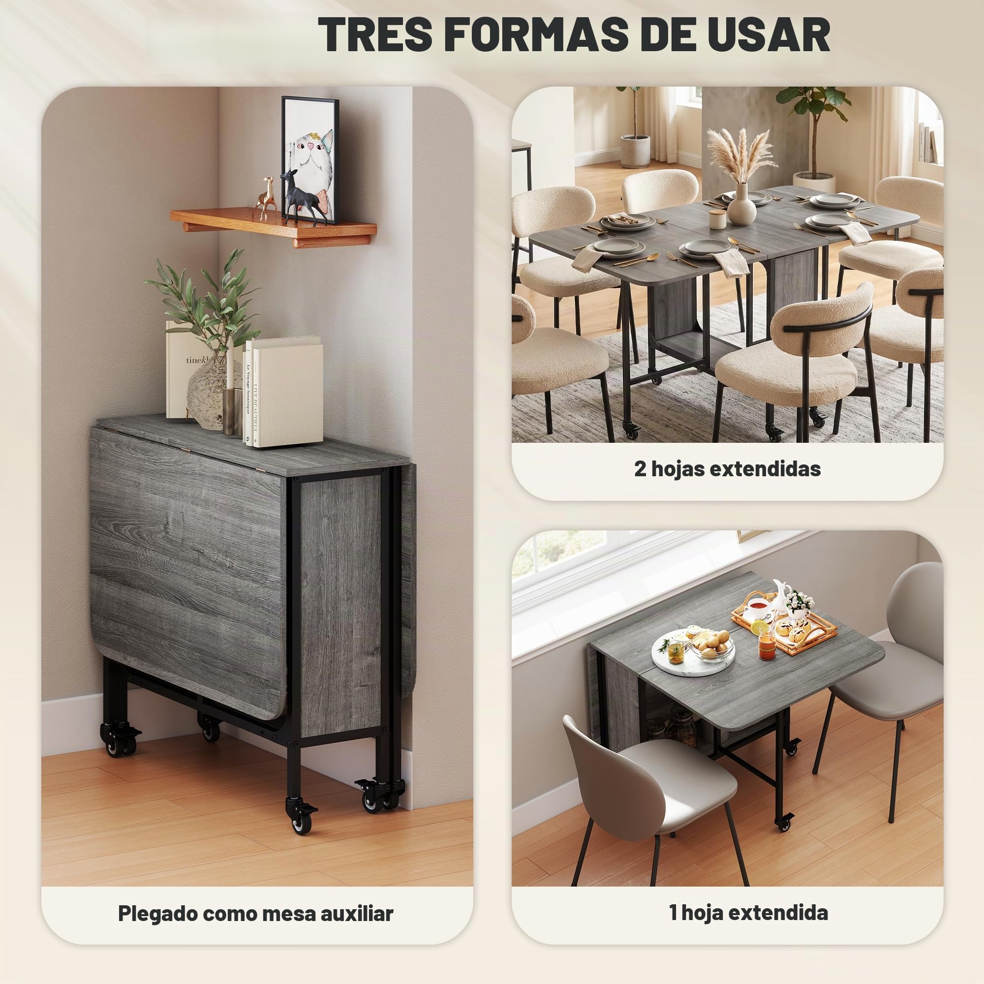 HOMCOM Mesa de Comedor Plegable, Mesa de Cocina Rectangular Plegable, Mesa Extensible con Ruedas para hasta 6 Personas, 6 Ruedas y Estante Integrado, para Espacios pequeños, Comedor, Gris | Mesa de cocina extensible con diseño plegable, estante de almacen