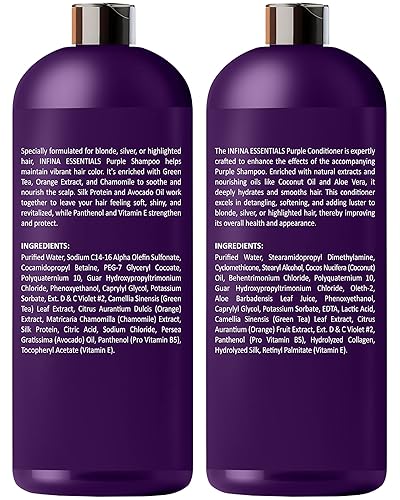 Miniatura 8 de Juego de champú y acondicionador morado, sin sulfatos, enriquecido con aceite de coco y aloe vera, ideal para cabello rubio, gris, cobrizo y tratado