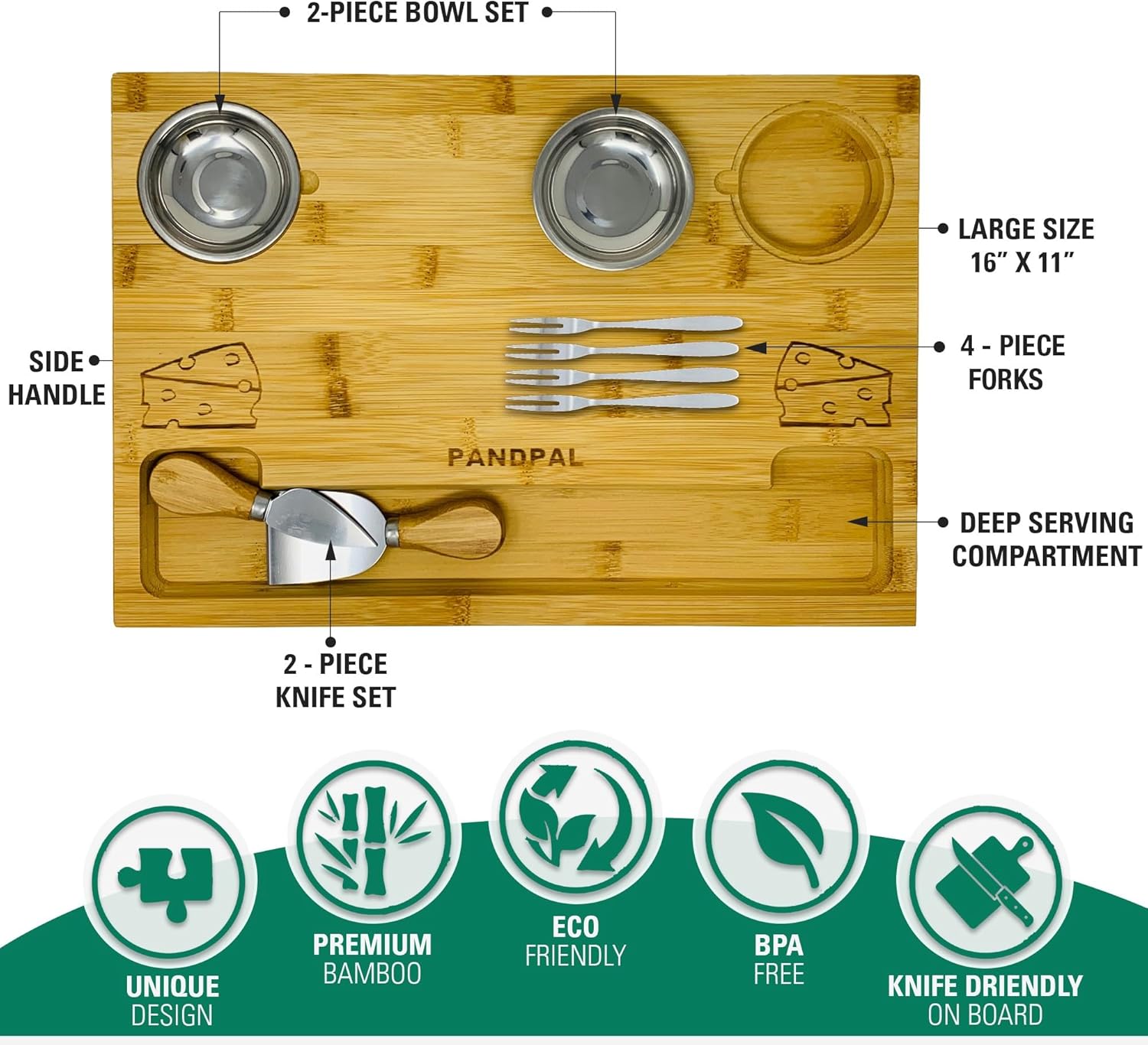 Bamboo Cheese Board with Knives & Bowls - Extra Large Wooden Cutting Board Platter for Wine & Charcuterie - Image 2