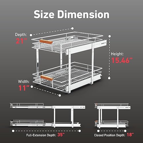 Miniatura 10 de Organizador de gabinete extraíble (14 pulgadas de ancho x 21 pulgadas de profundidad), estantes deslizantes de 2 niveles con mango de madera,