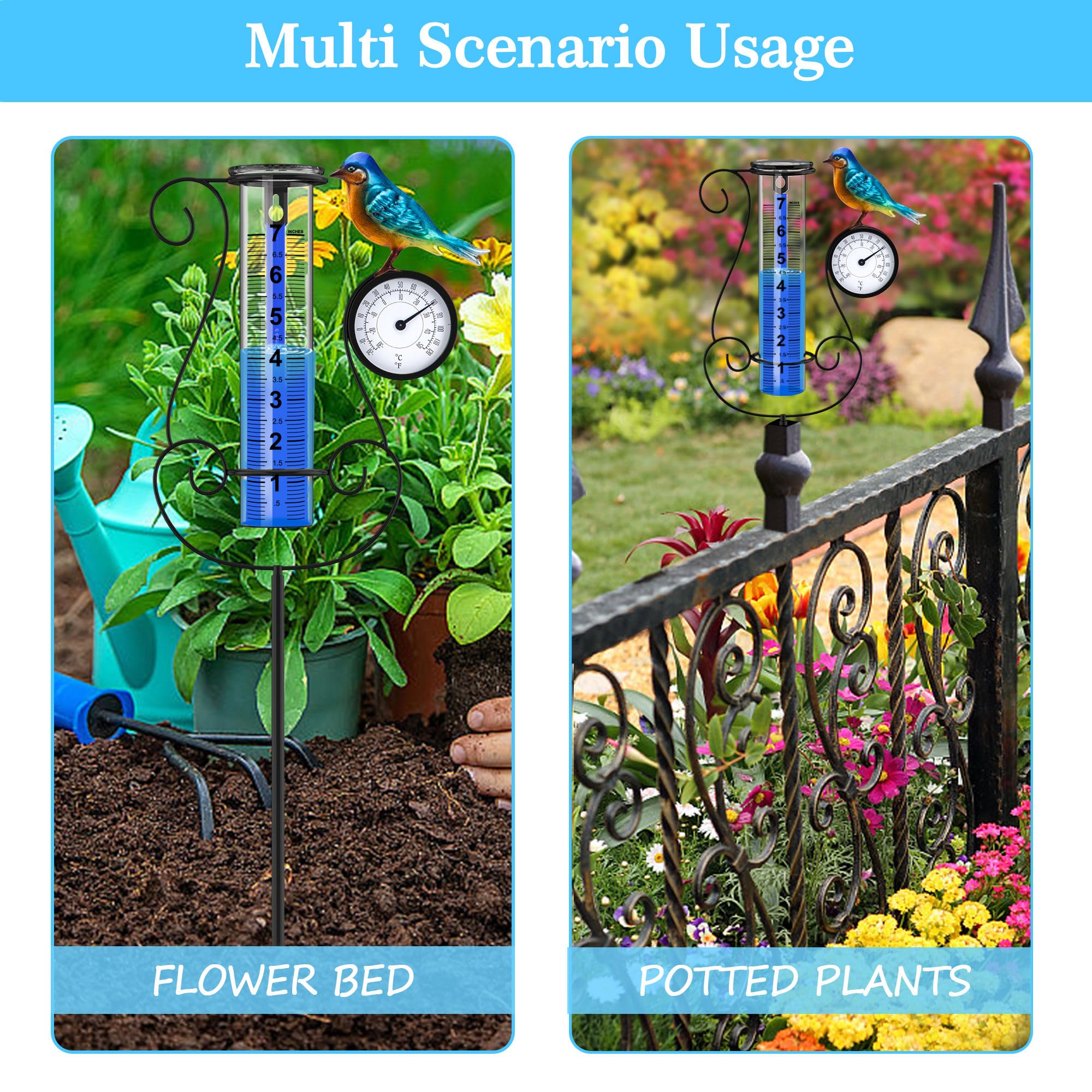 Regenmesser für den Außenbereich, großer farbiger digitaler Regenmesser mit Metallkolibri und Temperatur- und Hygrometer, höhenverstellbar, große Kapazität, für Garten, Deck, Rasen,