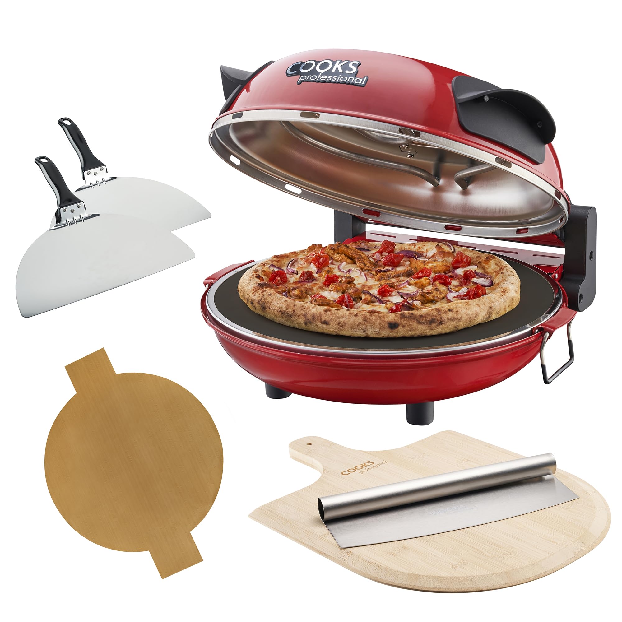 Electric Pizza Oven with Bamboo Board, Cutter, 31cm Stone Base, Glass Window, Timer, Stainless Steel Paddles & Baking Sheet | Portable Countertop Pizza Maker Machine 1200W | Red
