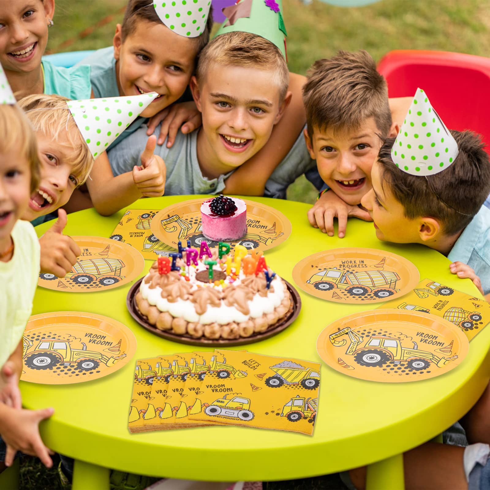 Generic Lot de 40 fournitures de fête de construction, 20 assiettes et serviettes, jaune et blanc, motif de construction (dessin animé), pour 20 invités, décoration de fête d'anniversaire pour enfants