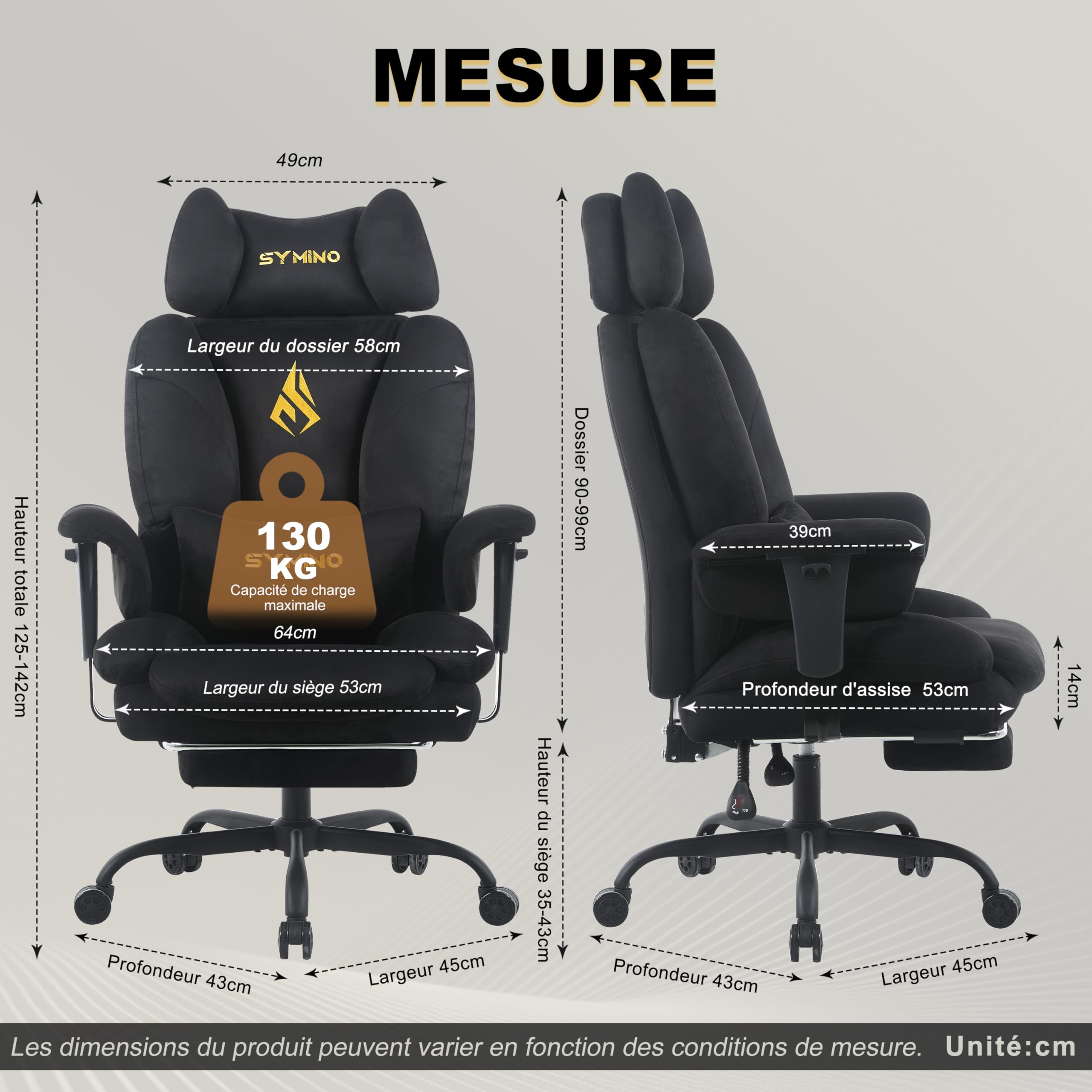 Symino Silla Gaming Ergonómica con Reposapiés - Silla Gamer de Oficina Reclinable 90-155° con Reposabrazos Ajustable - Adultos hasta 130kg (Negro)
