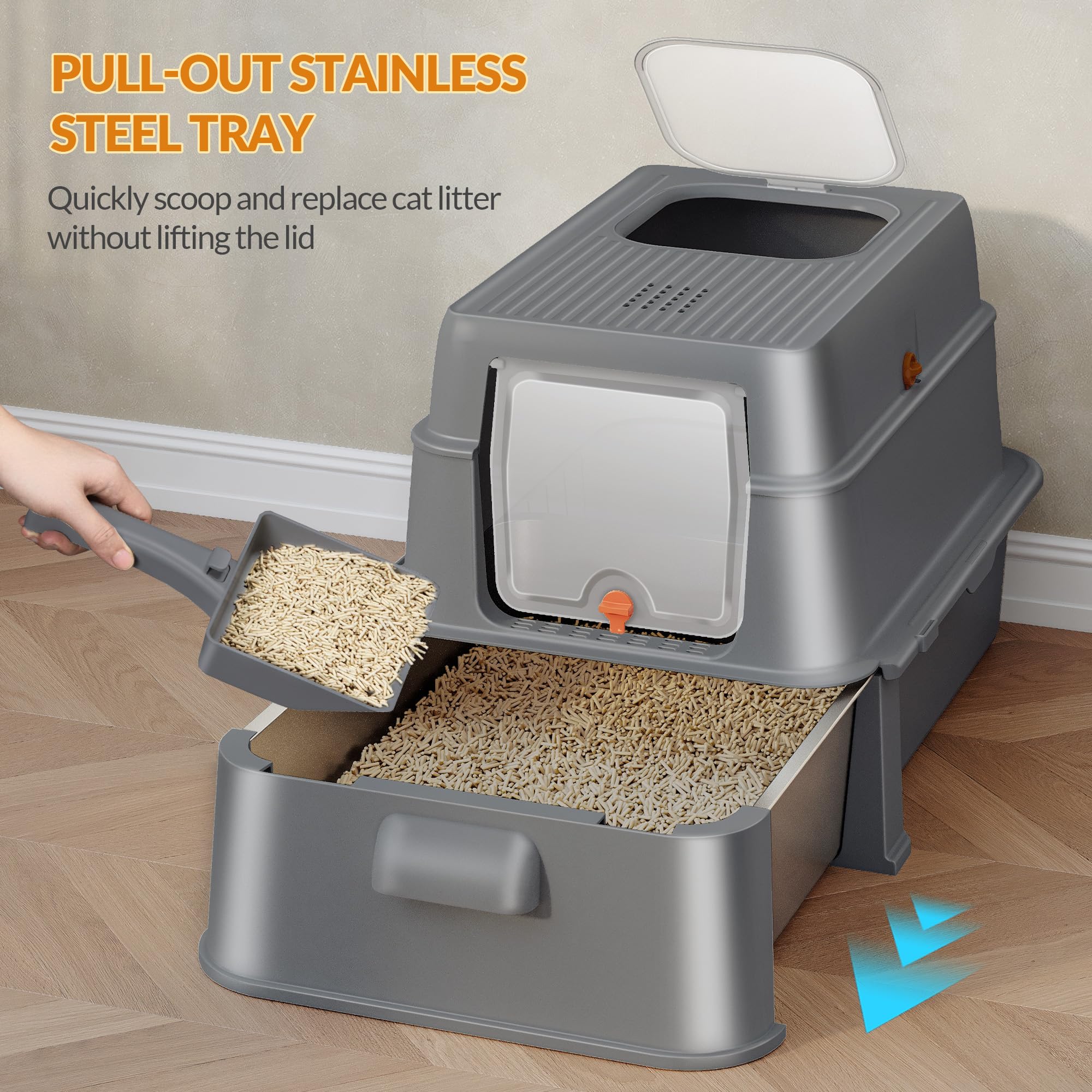 Lettiera Acciaio Inox Gatto con Cassetto e Coperchio, 65L x 44I x 40H cm, XXL Lettiera in Metallo con Pedale e Paletta, Controllo Degli Odori, Facile da Pulire, Due Ingressi, Grigio Scuro